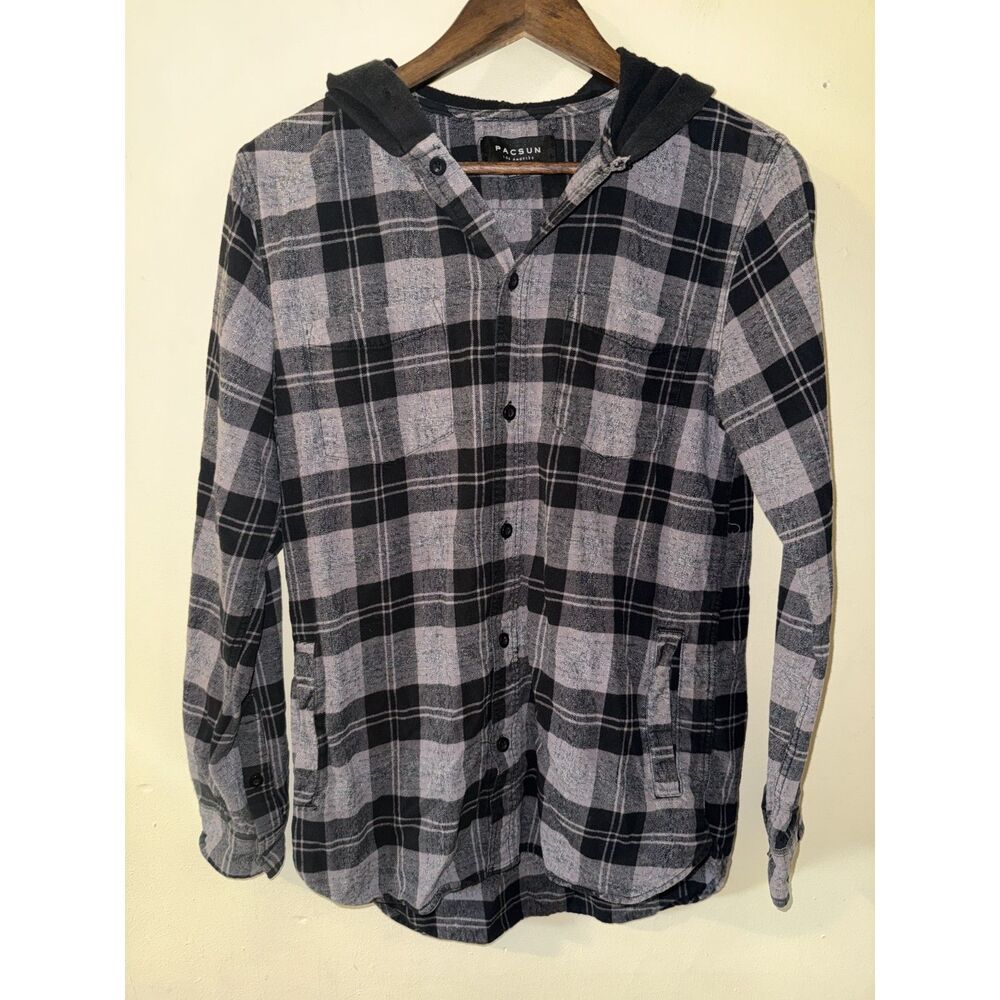 PacSun Plaid Hooded Long Sleeve Flannel Button Up Shirt Grey Black S